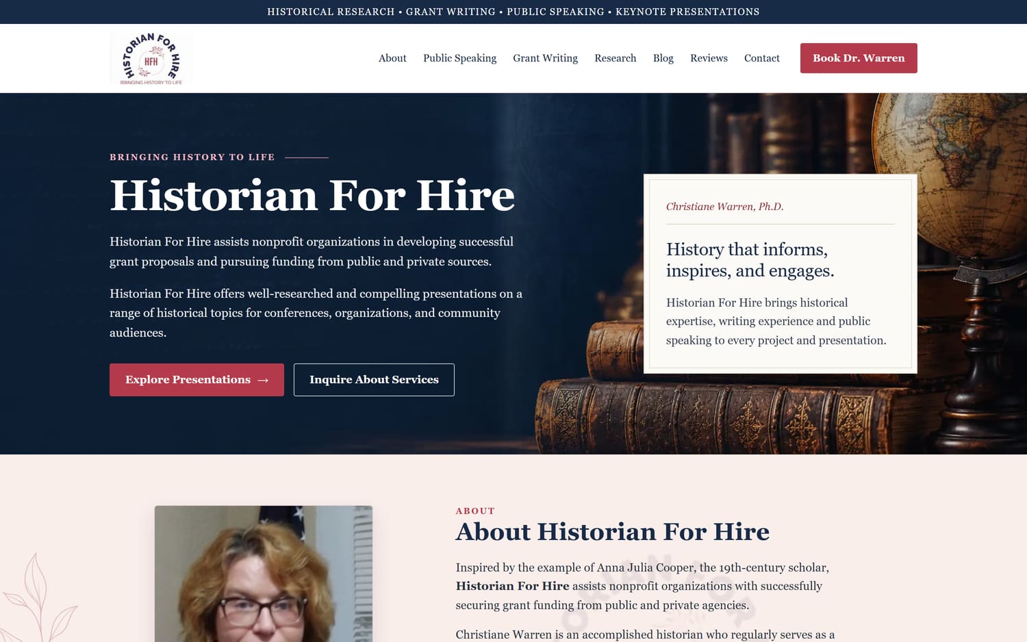 Homepage of Historian For Hire, a professional services website in Dover, DE built by LocalForge